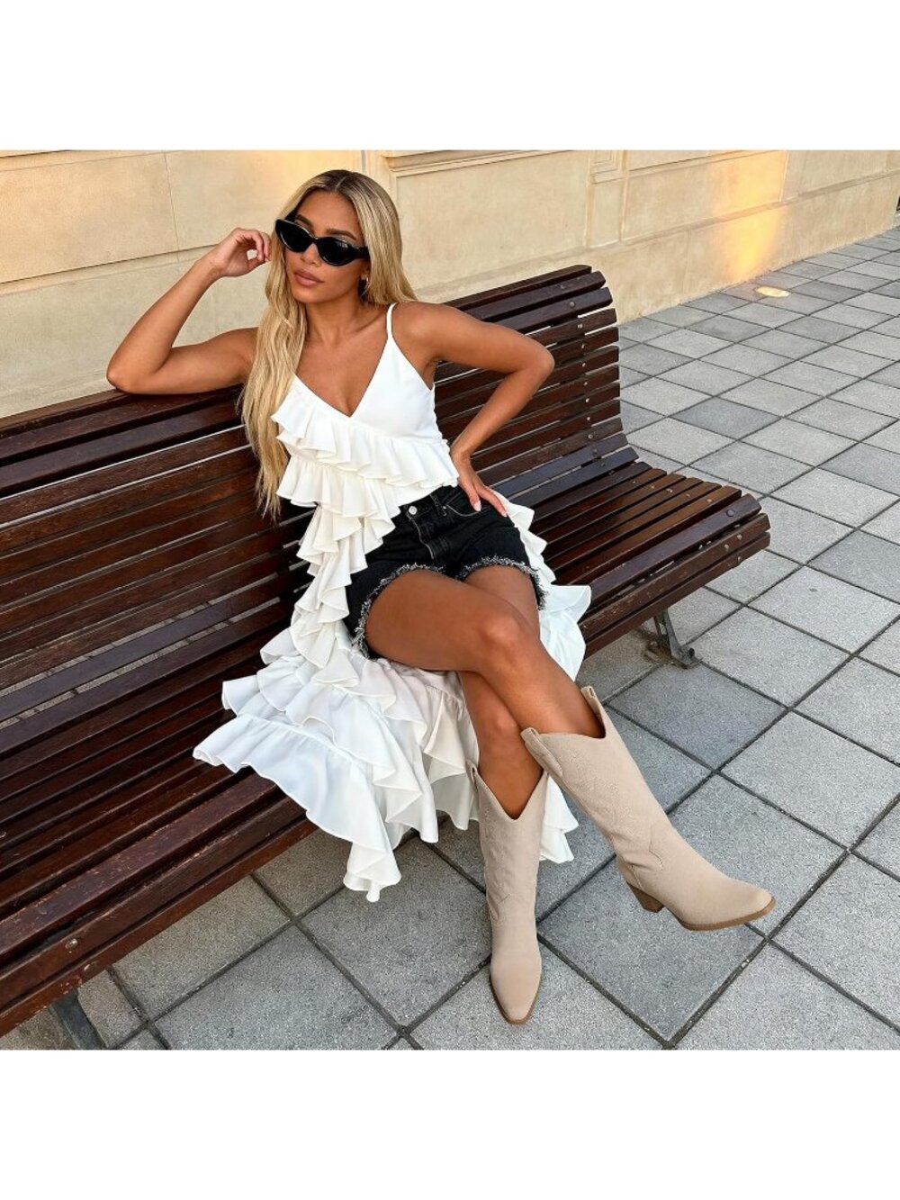 Women's Beige Thermoplastic Elastomers Square Toe Elegant Mid Calf Western Boot - Picture 3 of 6